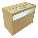 Polaris LED Verkaufstheken-Set in Ahorn, mit zwei Glasvitrinen, sanften Linien und warmem Holzfinish, ideal für Verkaufsräume und Ausstellungen