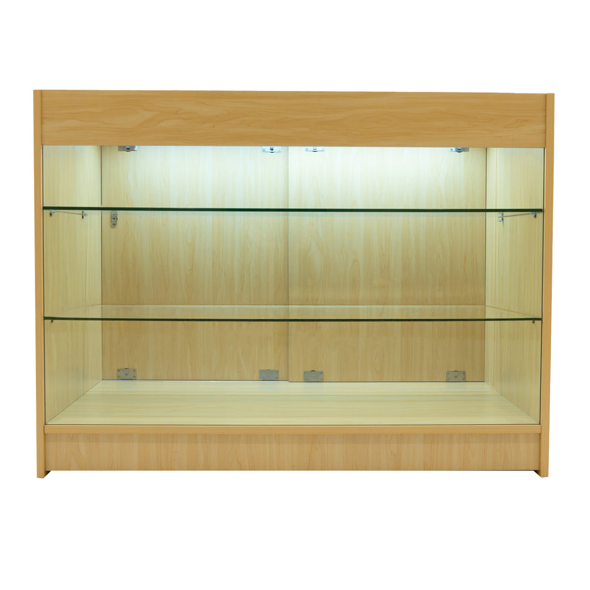 Verkaufstheke aus Ahorn mit zwei Glasregalen, beleuchtet, modern und elegant, ideal für die Präsentation von Produkten in Geschäften