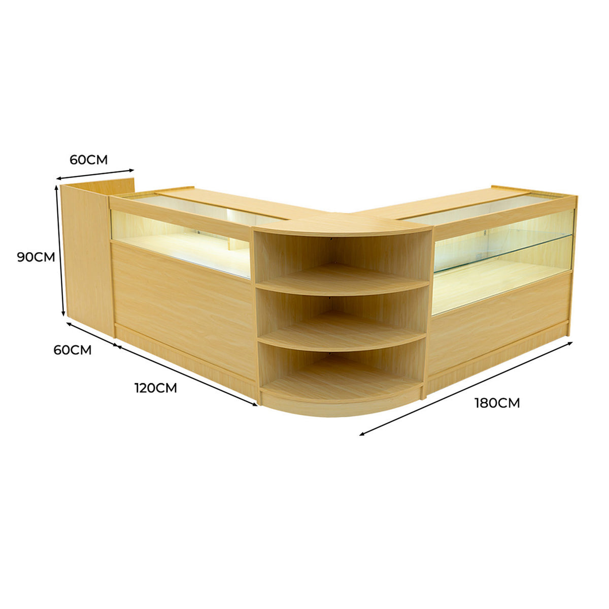Elegantes Verkaufstheken-Set aus hellem Ahornholz, mit gläsernen Vitrinen, abgerundeten Kanten und offenen Regalen für optimale Präsentation und Stauraum