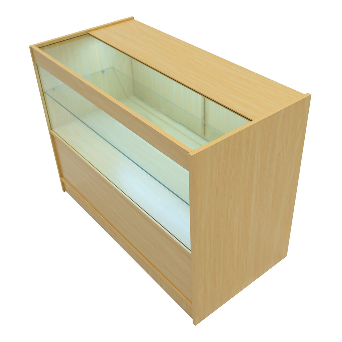 Verkaufstheke aus hellem Ahornholz mit gläserner Front, ideal für die Präsentation von Produkten, modernes Design und klare Linienführung