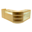 Modulares Verkaufstheken-Set in hellem Ahornholz, mit gläsernen Regalen und abgerundeten Kanten, ideal für Einzelhandelspräsentationen