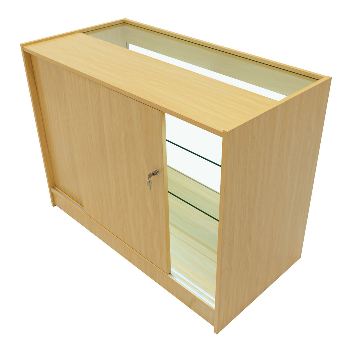 Hyperion LED Verkaufstheken-Set in Ahorn mit gläsernen Regalen, modernem Design und einer eleganten, hellen Holzoberfläche für ansprechende Präsentationen