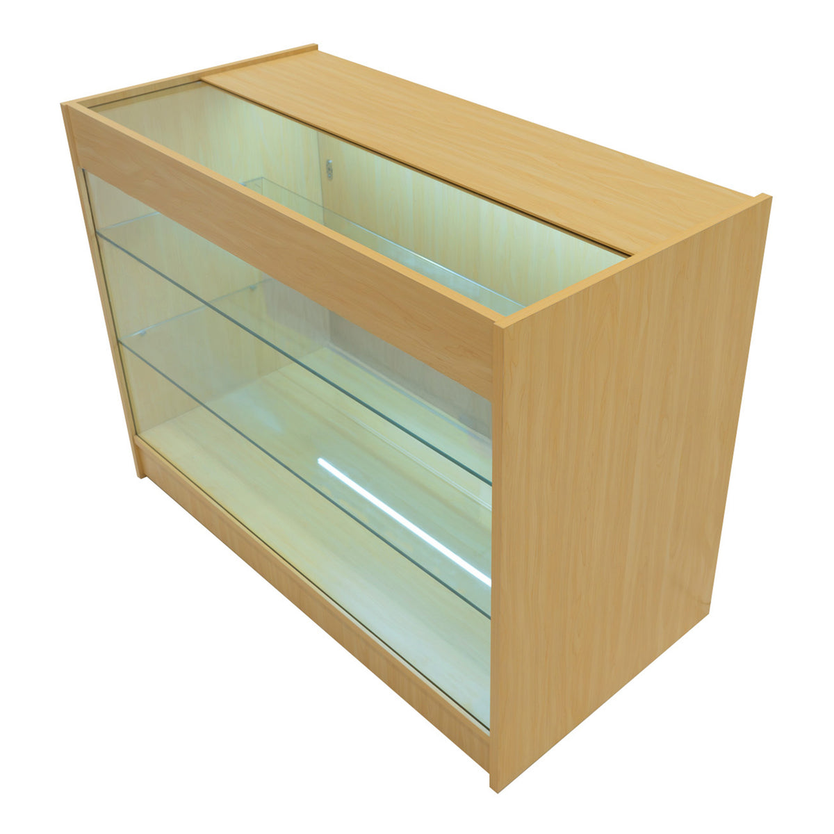 Verkaufstheke aus hellem Ahornholz mit gläsernen Regalen, beleuchtet, modern und funktional, ideal für die Präsentation von Produkten in Geschäften