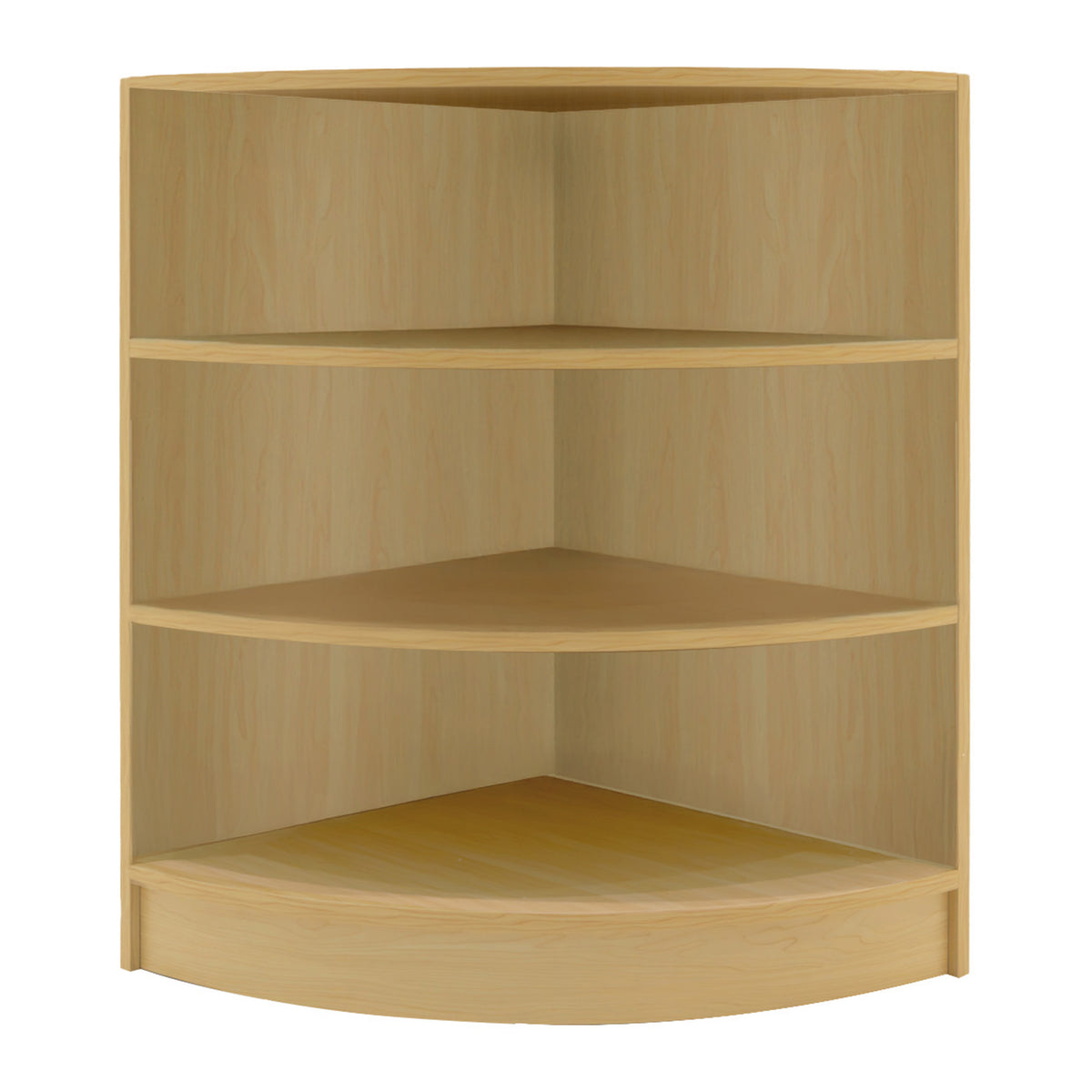 Eckregal aus hellem Ahornholz mit vier offenen Regalböden, ideal für Verkaufsräume, modernes Design, glatte Oberfläche und abgerundete Kanten