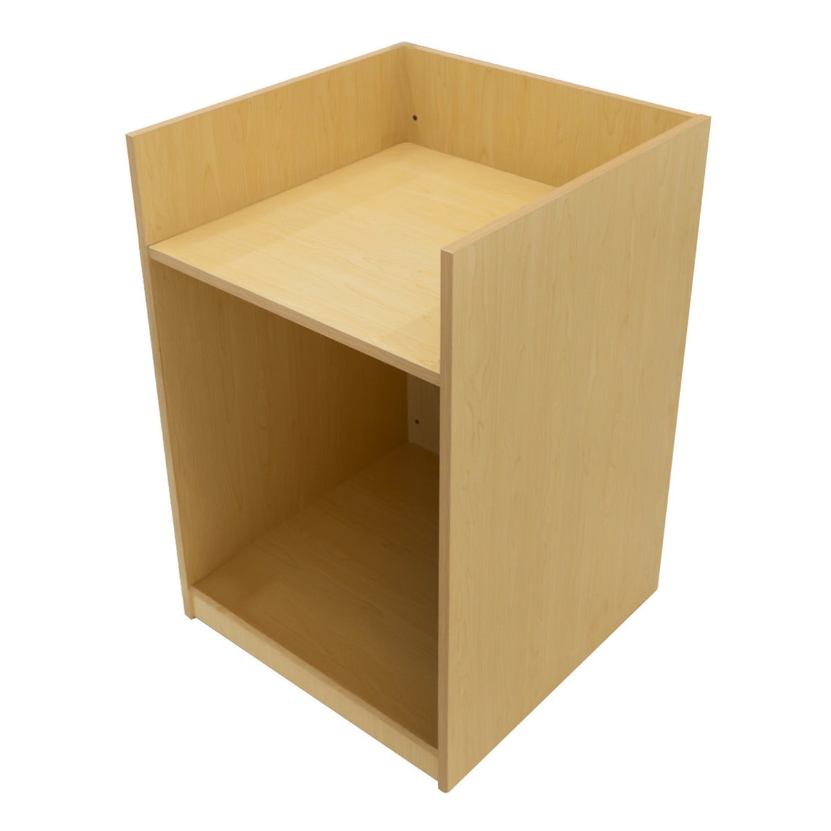 Verkaufstheke aus hellem Ahornholz mit zwei offenen Fächern, glatter Oberfläche und minimalistischer, moderner Form, ideal für Verkaufsräume