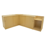 Modulares Verkaufstheken-Set in hellem Ahornfurnier, bestehend aus zwei Ecken und einem offenen Regal, ideal für Verkaufsräume und Ausstellungen