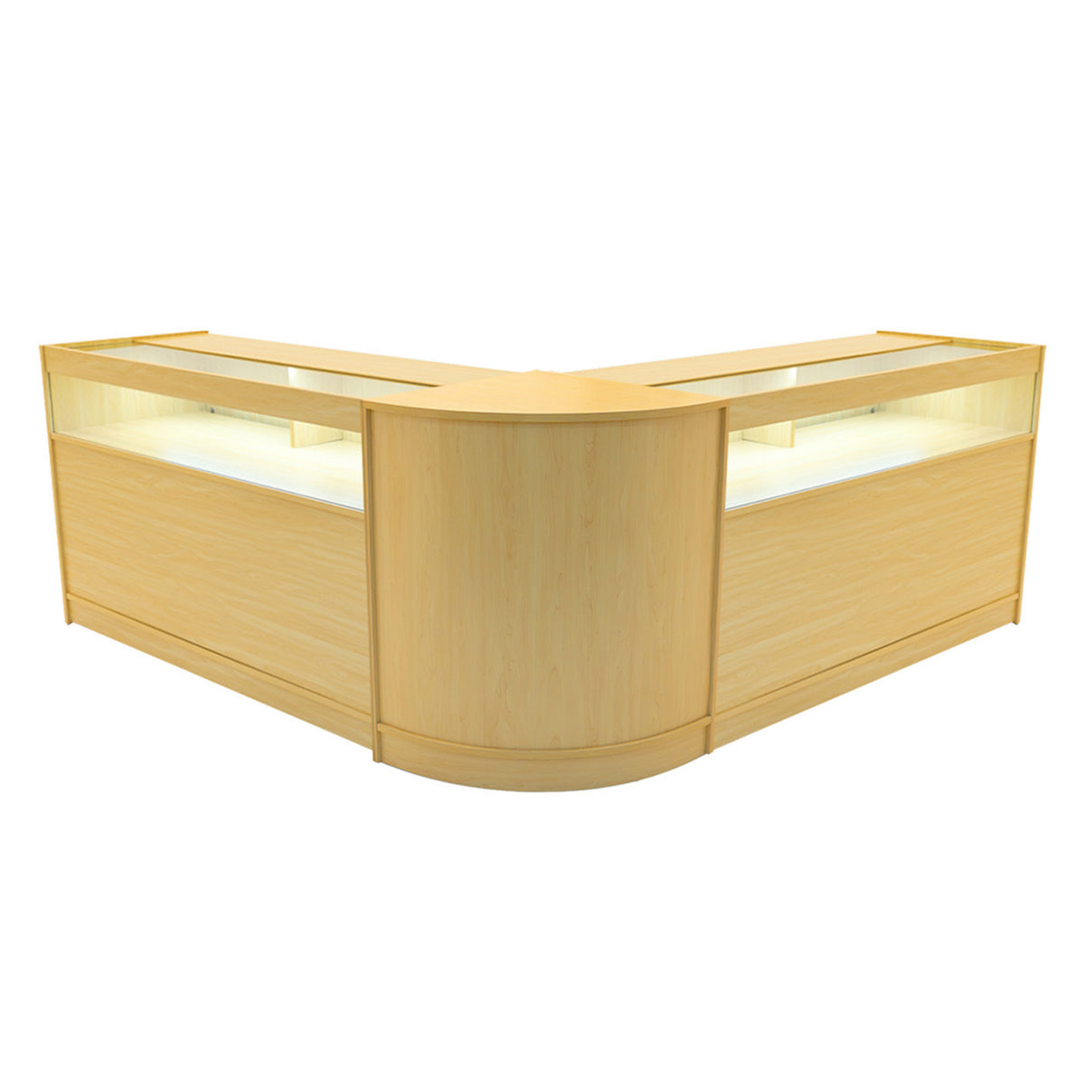 Zwei elegante Verkaufstheken aus hellem Ahornholz mit abgerundeten Kanten und integrierter LED-Beleuchtung, ideal für moderne Verkaufsräume