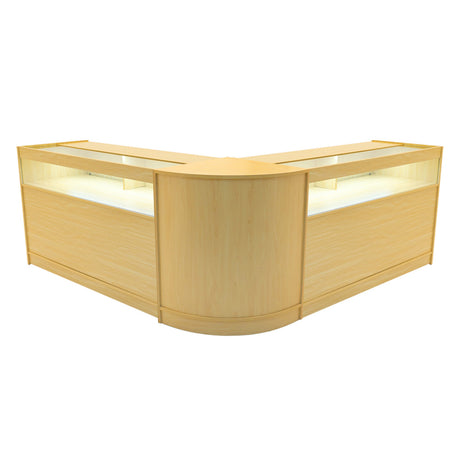 Zwei elegante Verkaufstheken aus hellem Ahornholz mit abgerundeten Kanten und integrierter LED-Beleuchtung, ideal für moderne Verkaufsräume