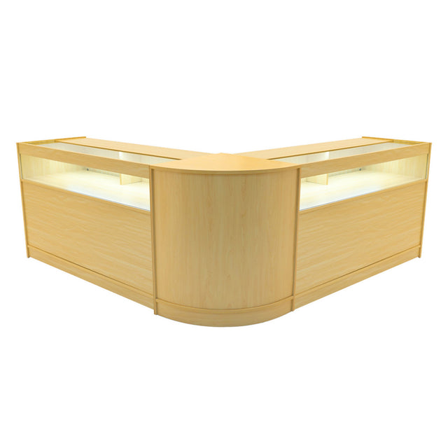 Zwei elegante Verkaufstheken aus hellem Ahornholz mit abgerundeten Kanten und integrierter LED-Beleuchtung, ideal für moderne Verkaufsräume