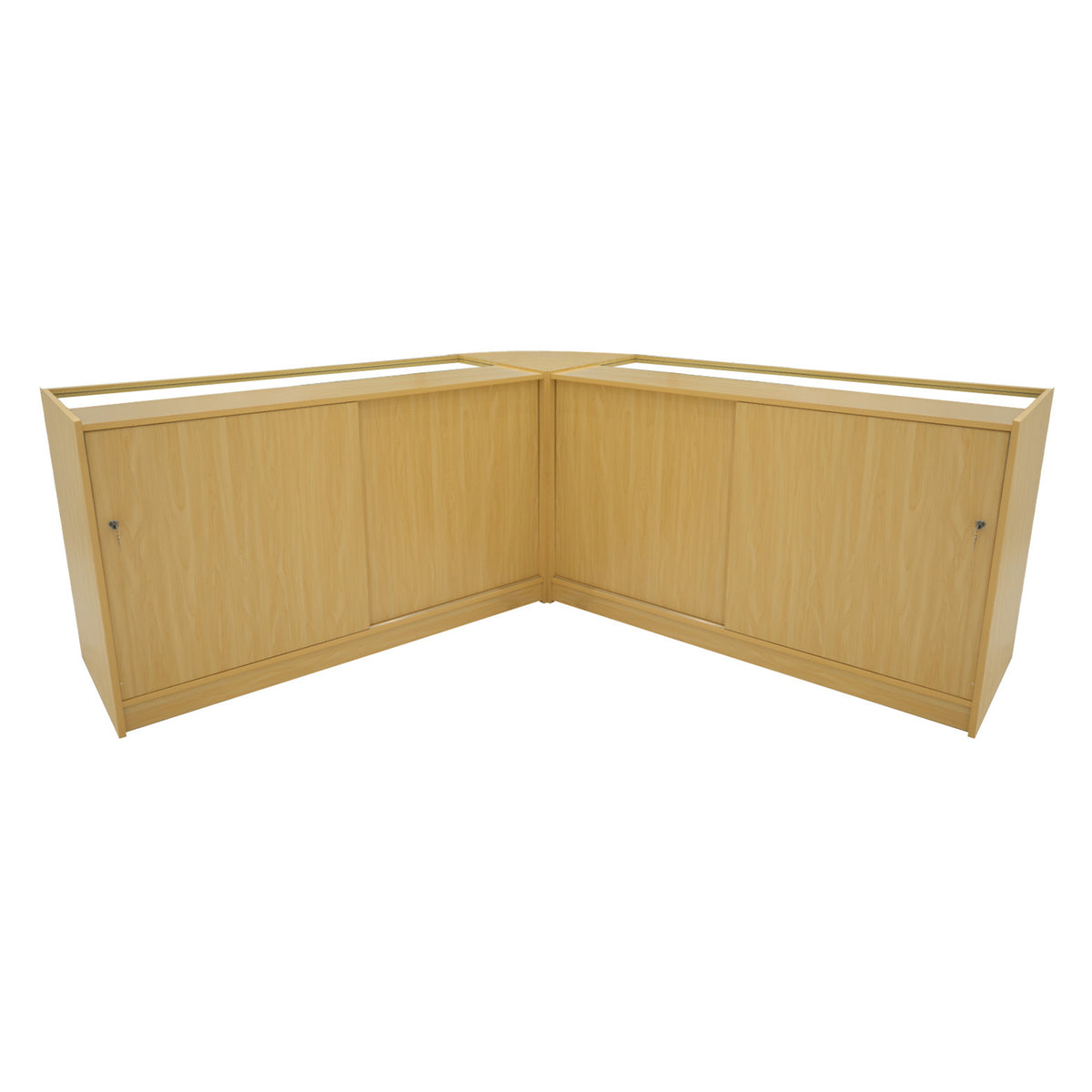 Eckverkaufstheke aus hellem Ahornholz mit glatten Oberflächen, zwei Schränken und großzügigem Stauraum, ideal für Einzelhandelsumgebungen