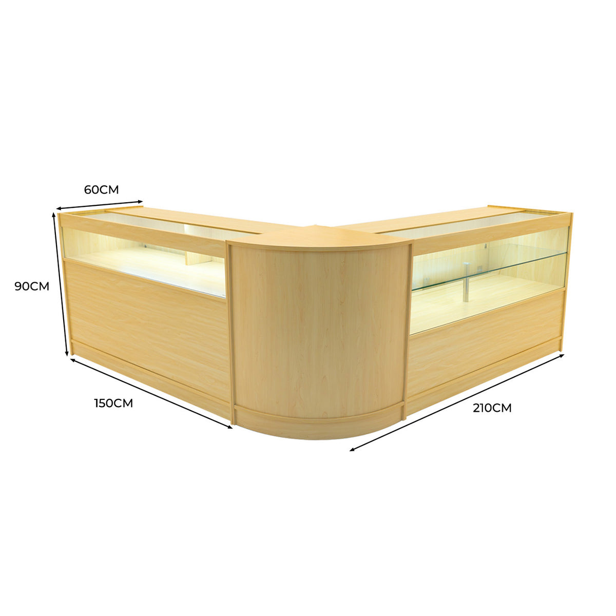 Elegante Ladentheke aus hellem Ahornholz mit abgerundeten Kanten, Glasvitrinen und großzügigem Platz für Warenpräsentation, ideal für Geschäfte