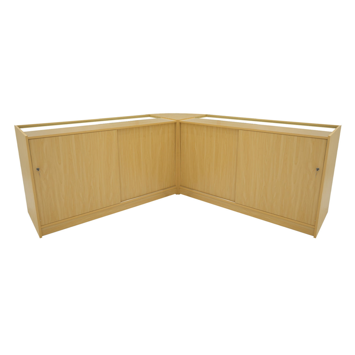 Triton LED Verkaufstheken-Set in Ahornfarbe, bestehend aus zwei eleganten, eckigen Theken mit glatten Oberflächen und praktischen Schubladen