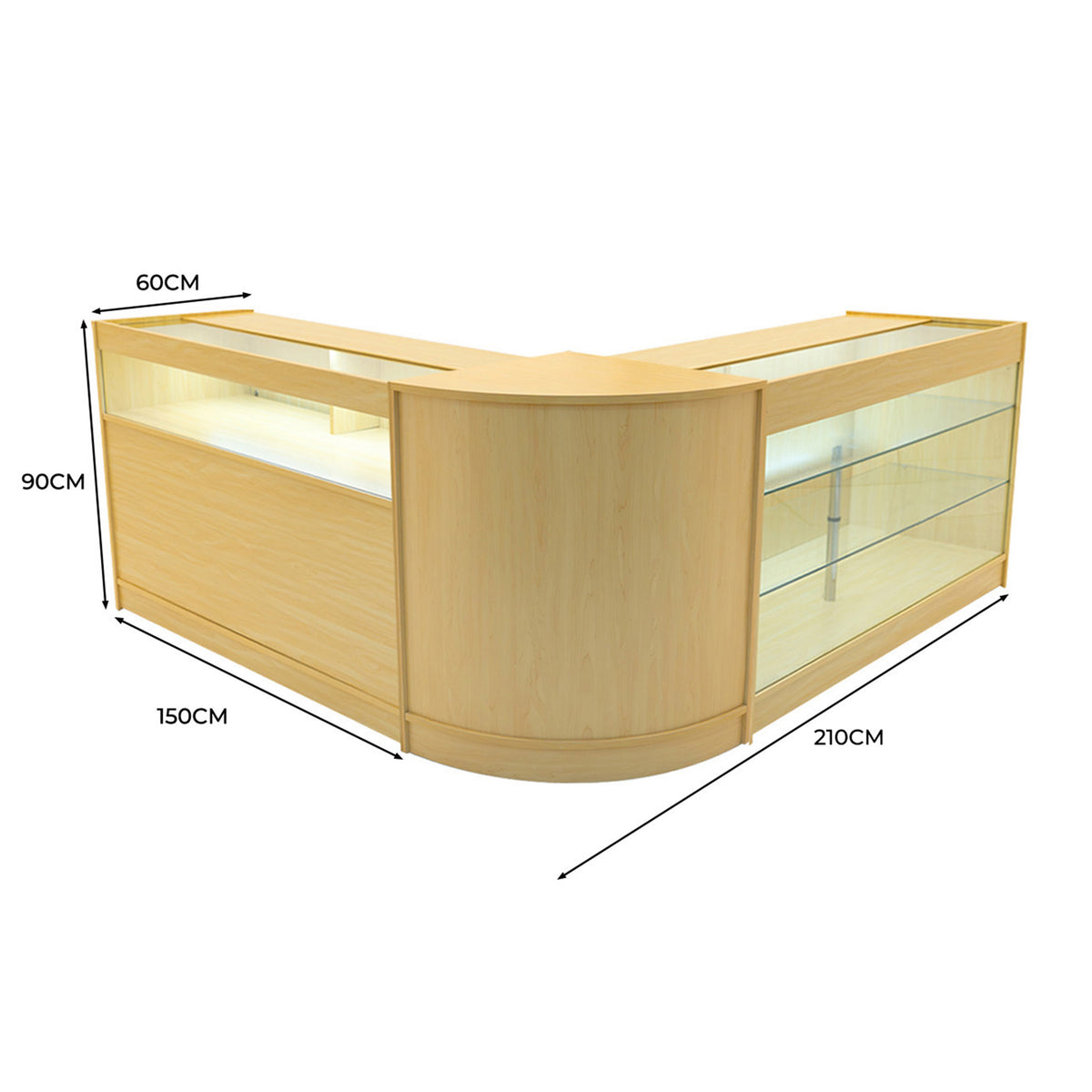 Triton LED Verkaufstheken-Set in Ahorn, mit gläsernen Regalen, abgerundeten Kanten und modernen LED-Leuchten, ideal für Verkaufsräume und Ausstellungen