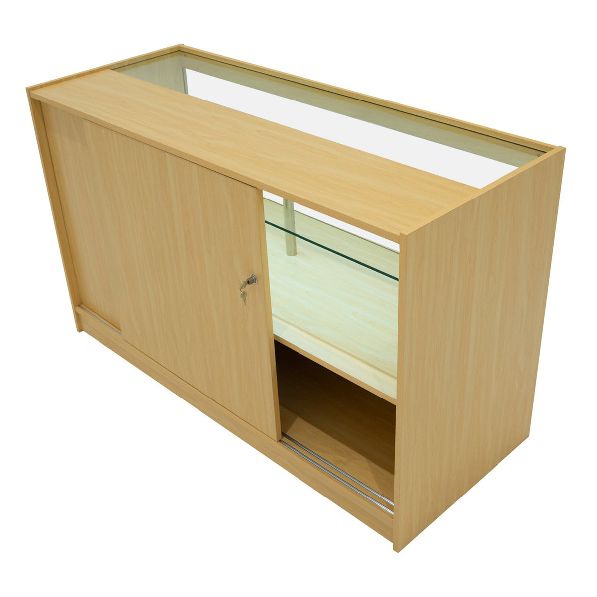 Hera LED Verkaufstheken-Set in Ahorn, mit gläserner Vitrine, schlichten Linien und einer modernen, hellen Holzoberfläche für stilvolle Präsentationen