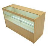 Hera LED Verkaufstheken-Set in Ahorn mit gläserner Vitrine, beleuchtet, modernem Design und glatter Holzoberfläche, ideal für Verkaufsräume