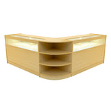 Verkaufstheken-Set aus hellem Ahornholz mit LED-Beleuchtung, in L-Form, bietet offene Regale und eine glatte, moderne Oberfläche