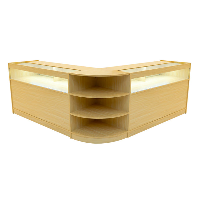 Verkaufstheken-Set aus hellem Ahornholz mit LED-Beleuchtung, in L-Form, bietet offene Regale und eine glatte, moderne Oberfläche