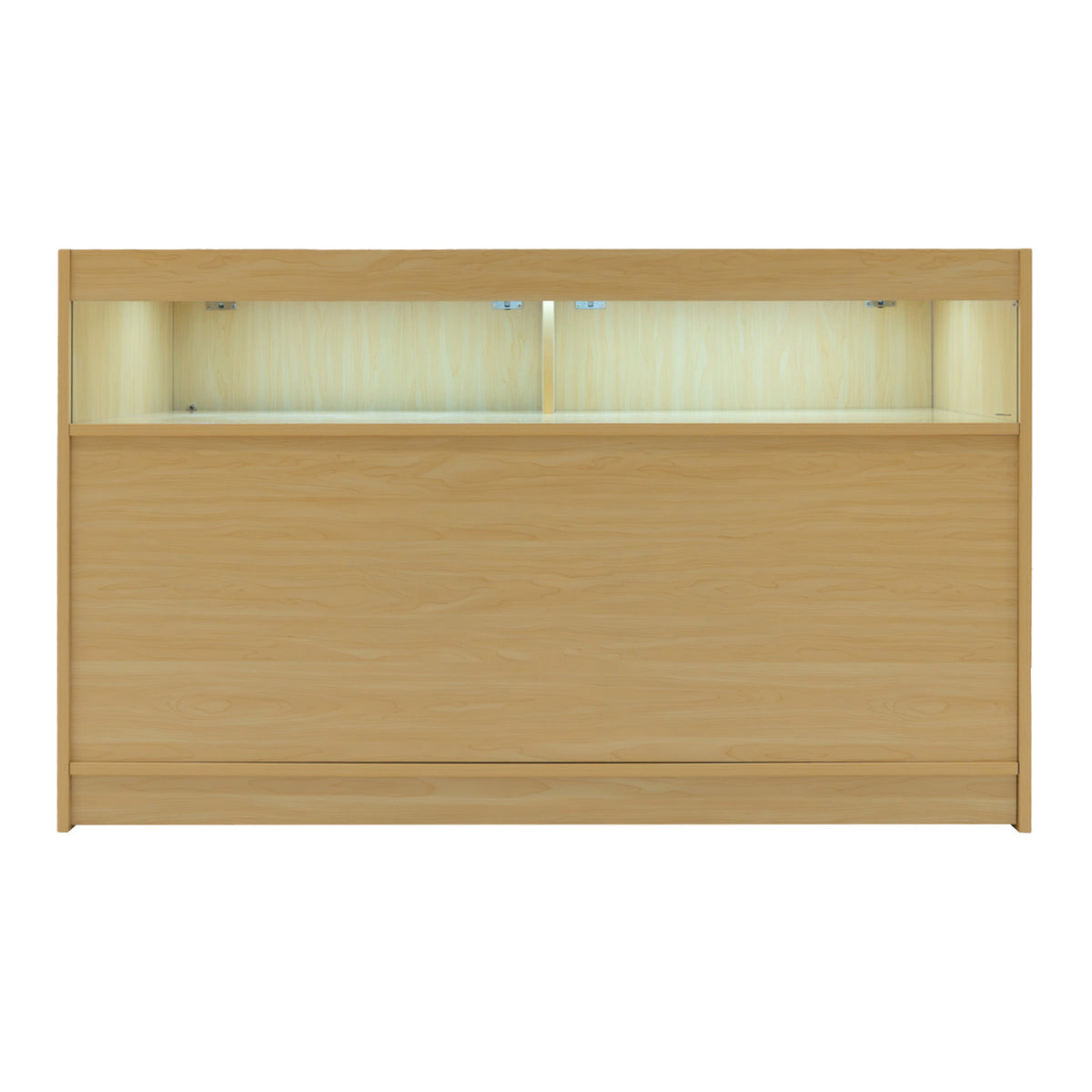 Verkaufstheke aus Ahornholz mit zwei offenen Fächern, sanft beleuchtet, glatte Oberfläche und minimalistisches Design, ideal für Verkaufsräume