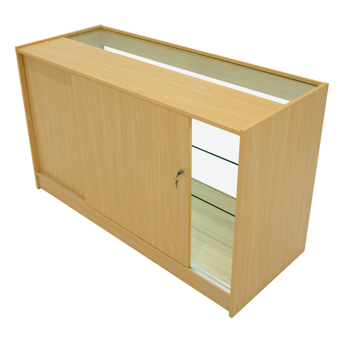 Verkaufstheke aus Ahornholz mit Glasoberfläche, Schiebetüren und einem eleganten, modernen Design, ideal für Einzelhandelsgeschäfte und Ausstellungen
