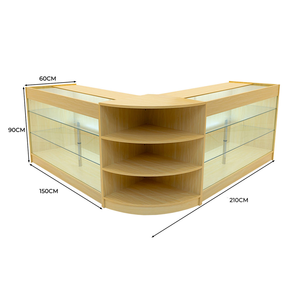 Verkaufstheken-Set aus hellem Ahornholz mit gläsernen Regalen, L-Form, 90 cm hoch, 150 cm lang, ideal für Präsentationen und Verkaufsräume