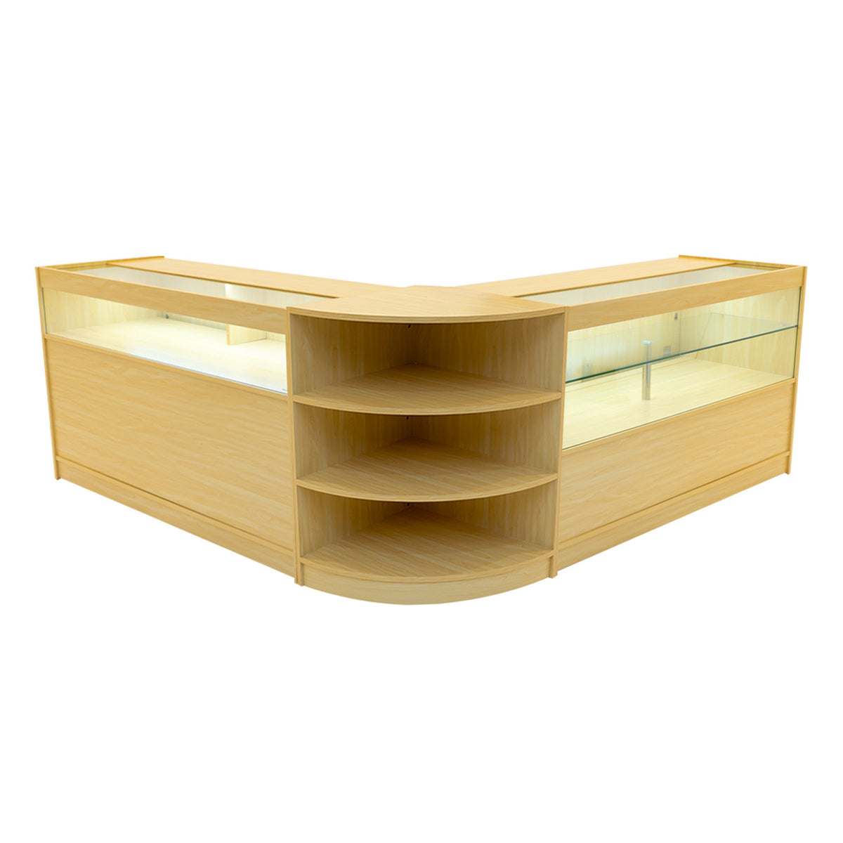 Harmonia LED Verkaufstheken-Set in hellem Ahorn mit gläsernen Vitrinen und offenen Regalen, ideal für eine ansprechende Produktpräsentation