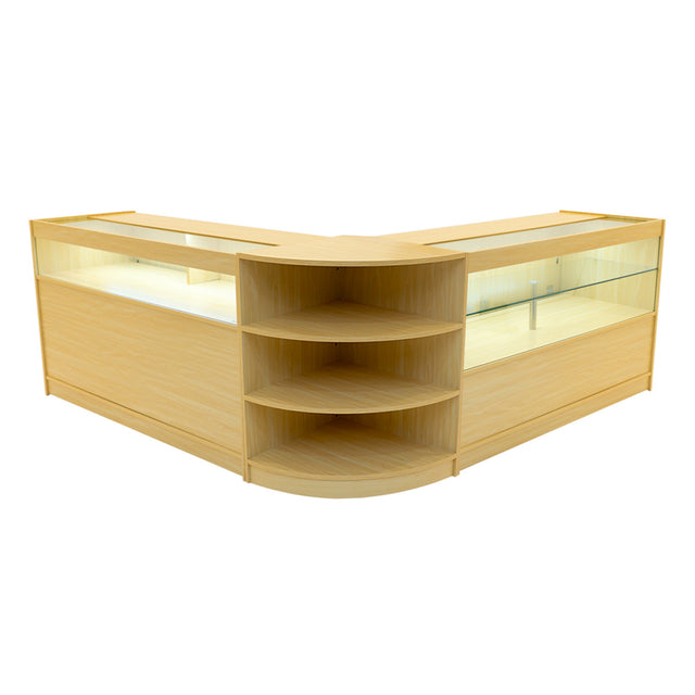Harmonia LED Verkaufstheken-Set in hellem Ahorn mit gläsernen Vitrinen und offenen Regalen, ideal für eine ansprechende Produktpräsentation