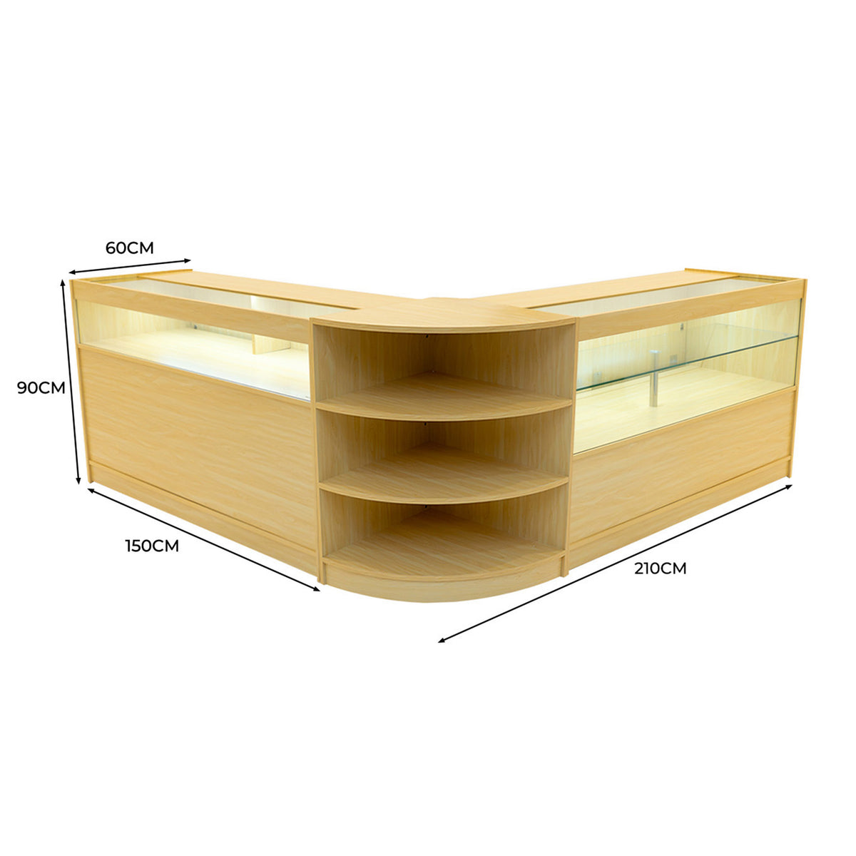 Harmonia LED Verkaufstheken-Set in hellem Ahornholz, mit klaren Glasflächen, abgerundeten Ecken und offenen Regalen für optimale Präsentation