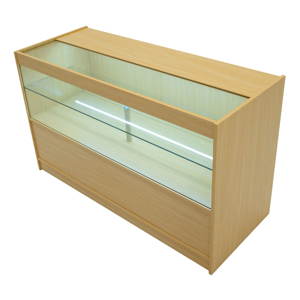 Harmonia LED Verkaufstheke aus hellem Ahornholz mit Glasvitrine, beleuchtet, modern und funktional, ideal für den Einzelhandel