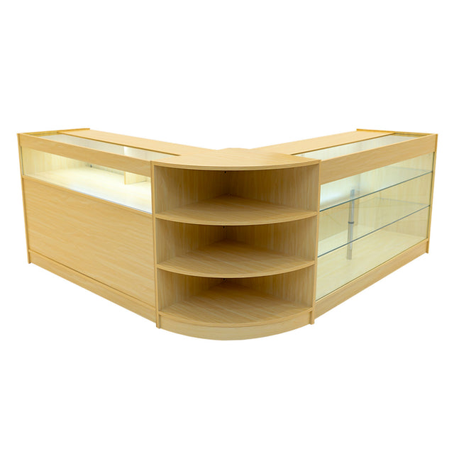 Elegantes Demeter LED Verkaufstheken-Set in hellem Ahornholz, mit klaren Glasflächen und runden Regalen für optimalen Produktausblick und Präsentation