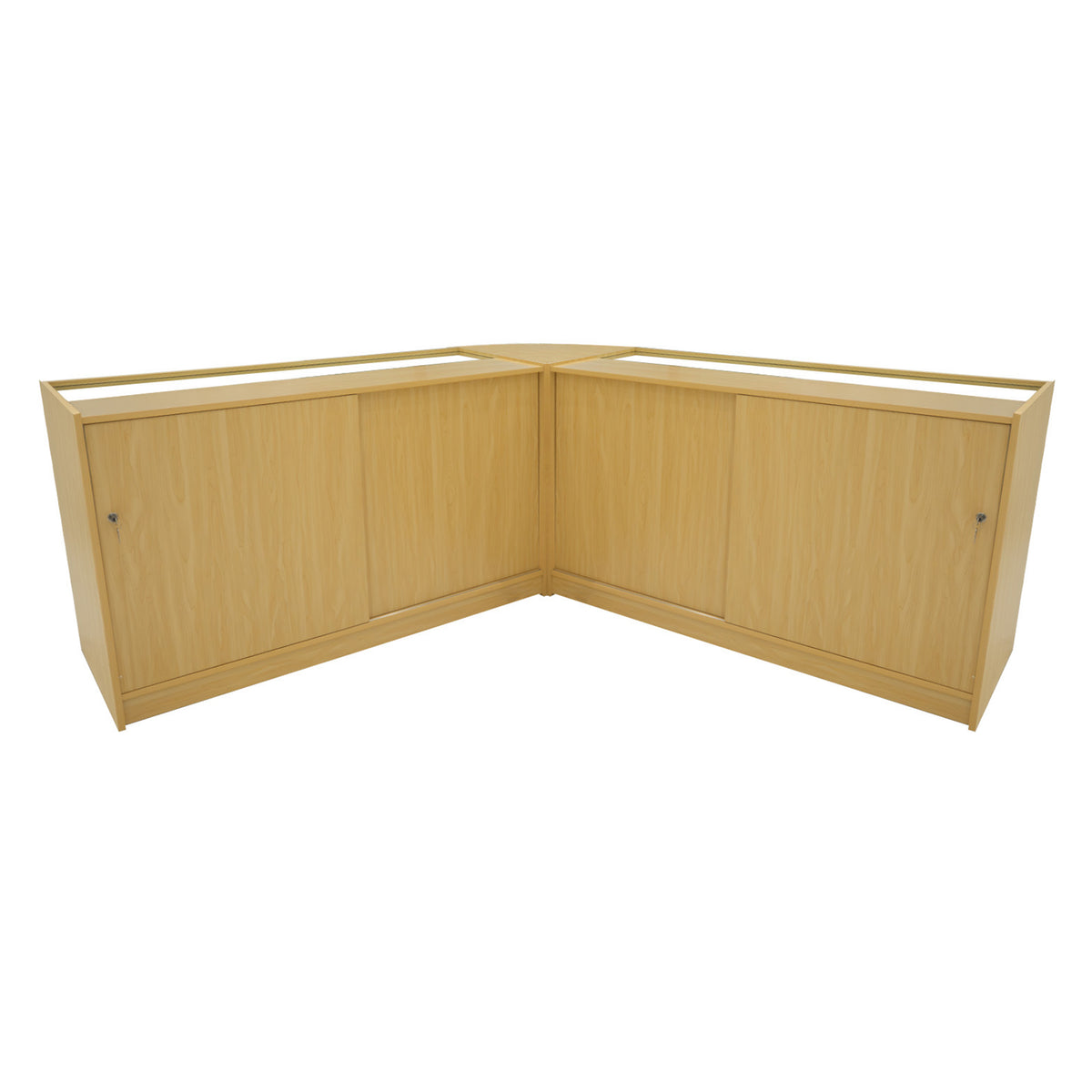 Eckverkaufstheke aus hellem Ahornholz mit glatter Oberfläche, zwei geschlossenen Fächern und einem modernen, minimalistischen Design