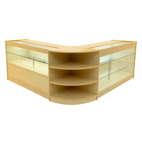Elegantes Verkaufstheken-Set in Ahornholz mit gläsernen Vitrinen, abgerundeten Kanten und offenen Regalen für optimale Präsentation und Sichtbarkeit