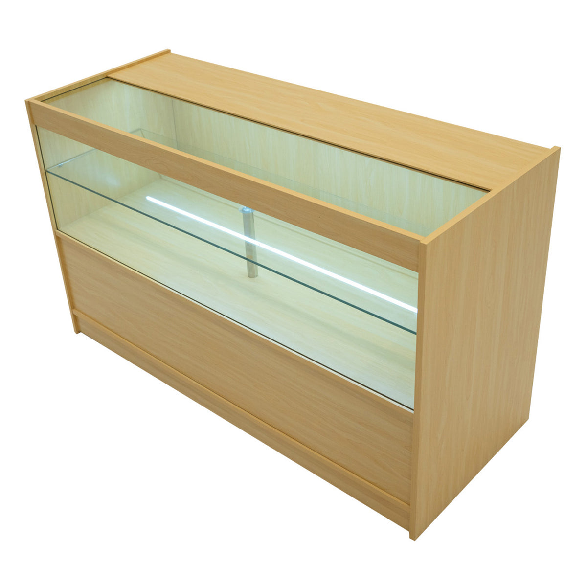 Elegantes Verkaufstheken-Set in Ahornfurnier, mit klaren Glasflächen und einer modernen, minimalistischen Form für ansprechende Produktpräsentation