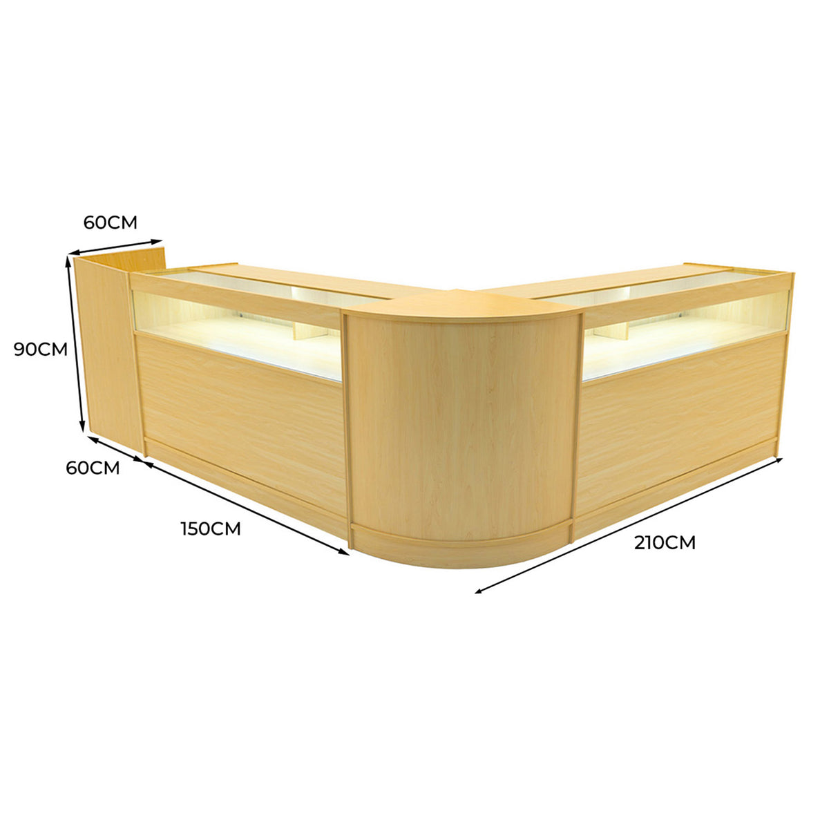 Elegantes Verkaufstheken-Set in Ahorn mit LED-Beleuchtung, abgerundeten Kanten, zwei Teilen und großzügigem Stauraum, ideal für Verkaufsräume