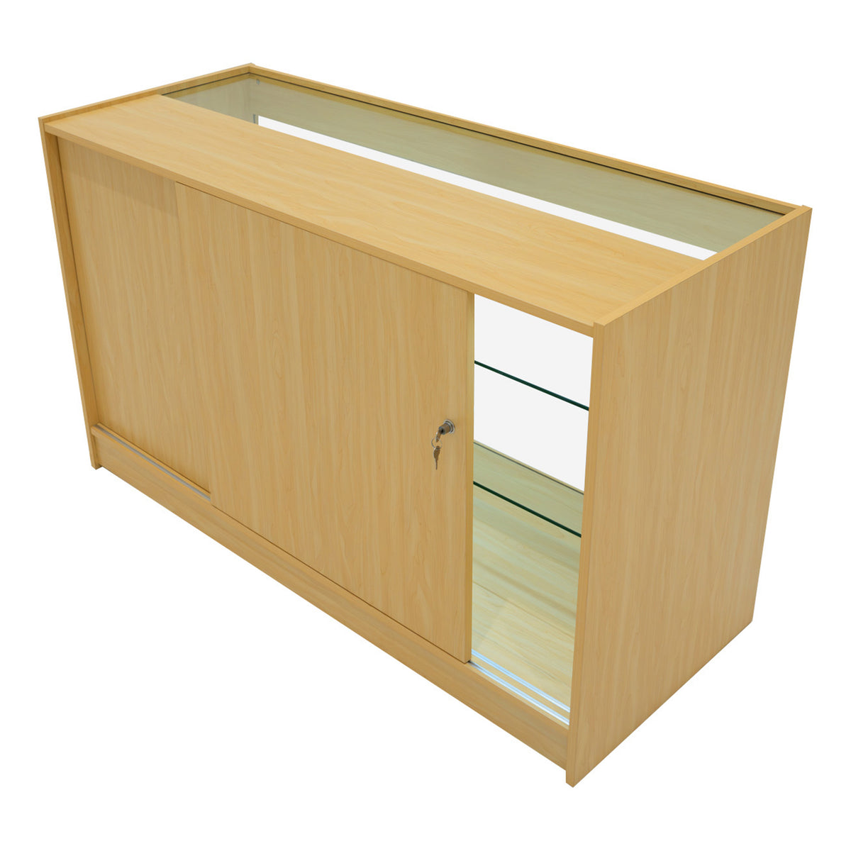 Verkaufstheke aus hellem Ahornholz mit Glastüren, eleganter, moderner Form und praktischen Ablageflächen für Produkte und Präsentationen