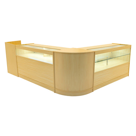 Elegantes Verkaufstheken-Set in Ahornholz mit gläsernen Vitrinen, abgerundeten Kanten und modernem, funktionalem Design für Einzelhandelsgeschäfte