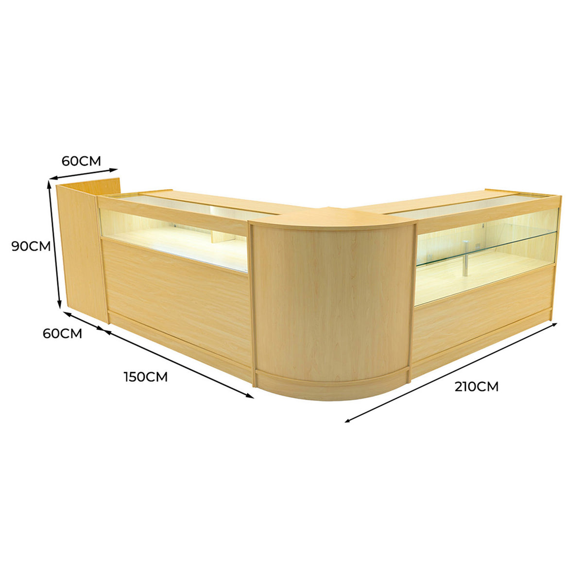 Verkaufstheken-Set in Ahornholz, bestehend aus zwei Vitrinen und einer Theke, mit klaren Linien, modernem Design und integrierter Beleuchtung, ideal für Einzelhandel