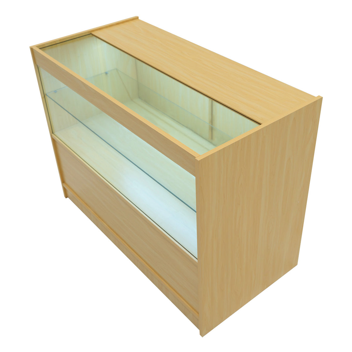 Verkaufstheke aus Ahornholz mit gläserner Front, zwei Regalen und modernem Design, ideal für die Präsentation von Produkten in Geschäften