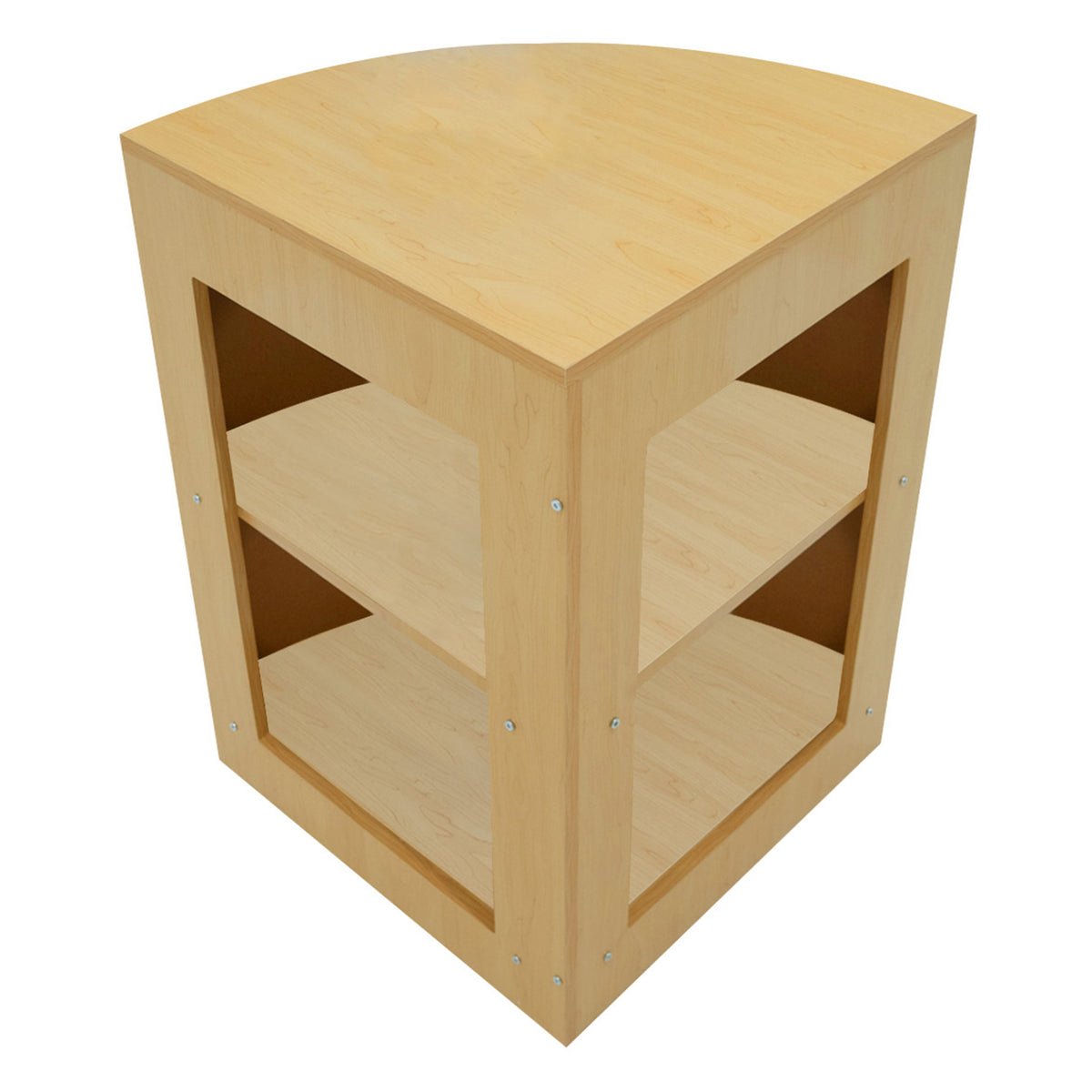 Eckige Verkaufstheke aus hellem Ahornholz mit zwei offenen Regalen, glatter Oberfläche und modernen, silbernen Schrauben für eine elegante Präsentation