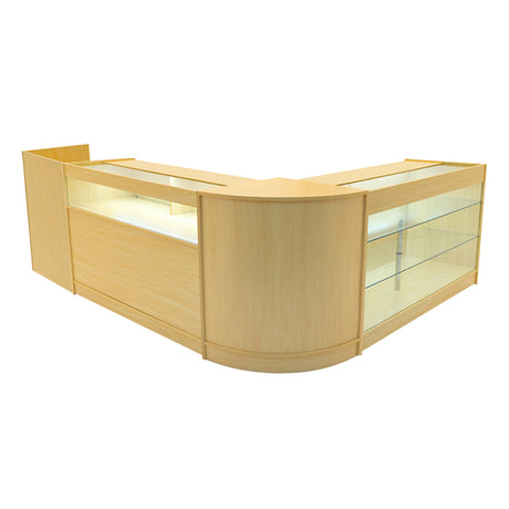 Polaris LED Verkaufstheken-Set in Ahornfarbe, bestehend aus Vitrinen mit Glasfronten, modernem Design und glatten, hellen Oberflächen