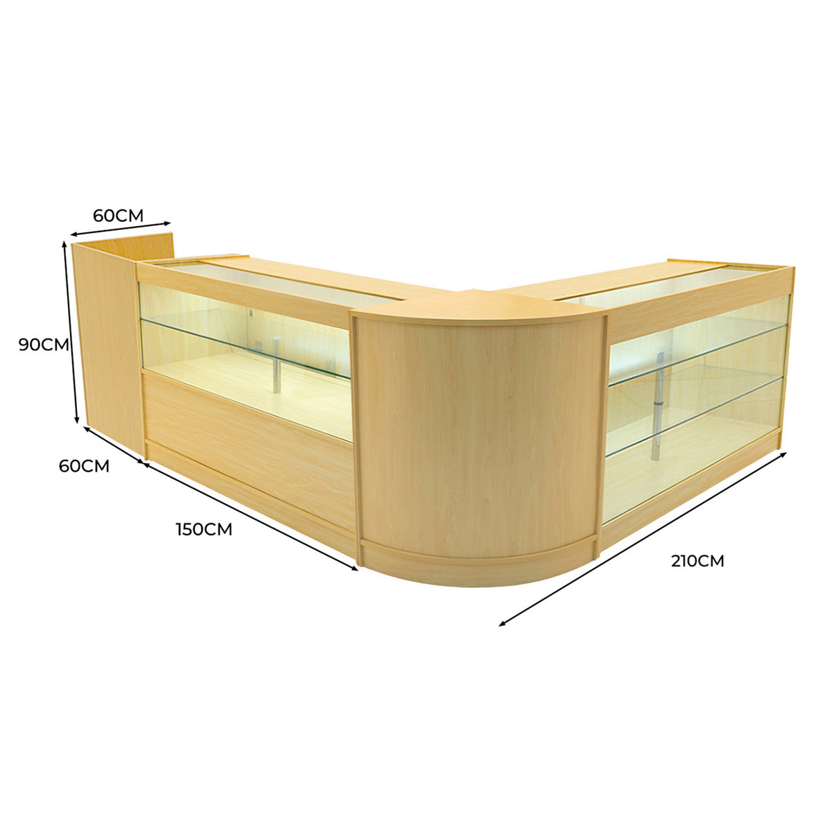 Vega LED Verkaufstheken-Set in Ahornfarbe, mit gläsernen Vitrinen, abgerundeten Kanten und modernen LED-Leuchten, ideal für Verkaufsräume und Ausstellungen