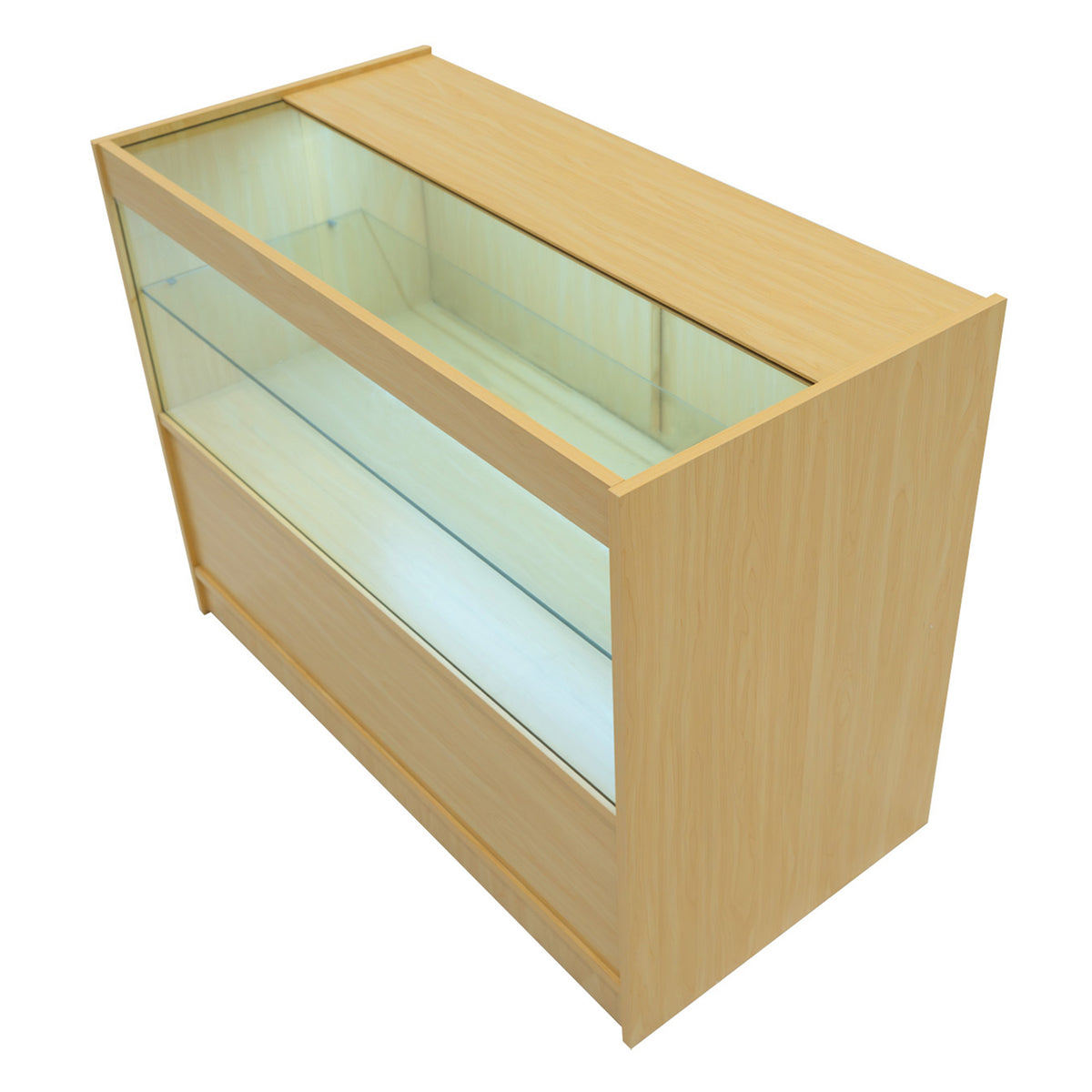 Vega LED Verkaufstheken-Set in Ahorn, mit klaren Glasflächen, modernem Design und geräumigem Innenraum für die Präsentation von Produkten