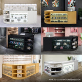Sagittarius LED Verkaufstheken-Set in Ahorn, bestehend aus zwei eleganten, beleuchteten Vitrinen mit Glasregalen und modernem Design, ideal für Verkaufsräume