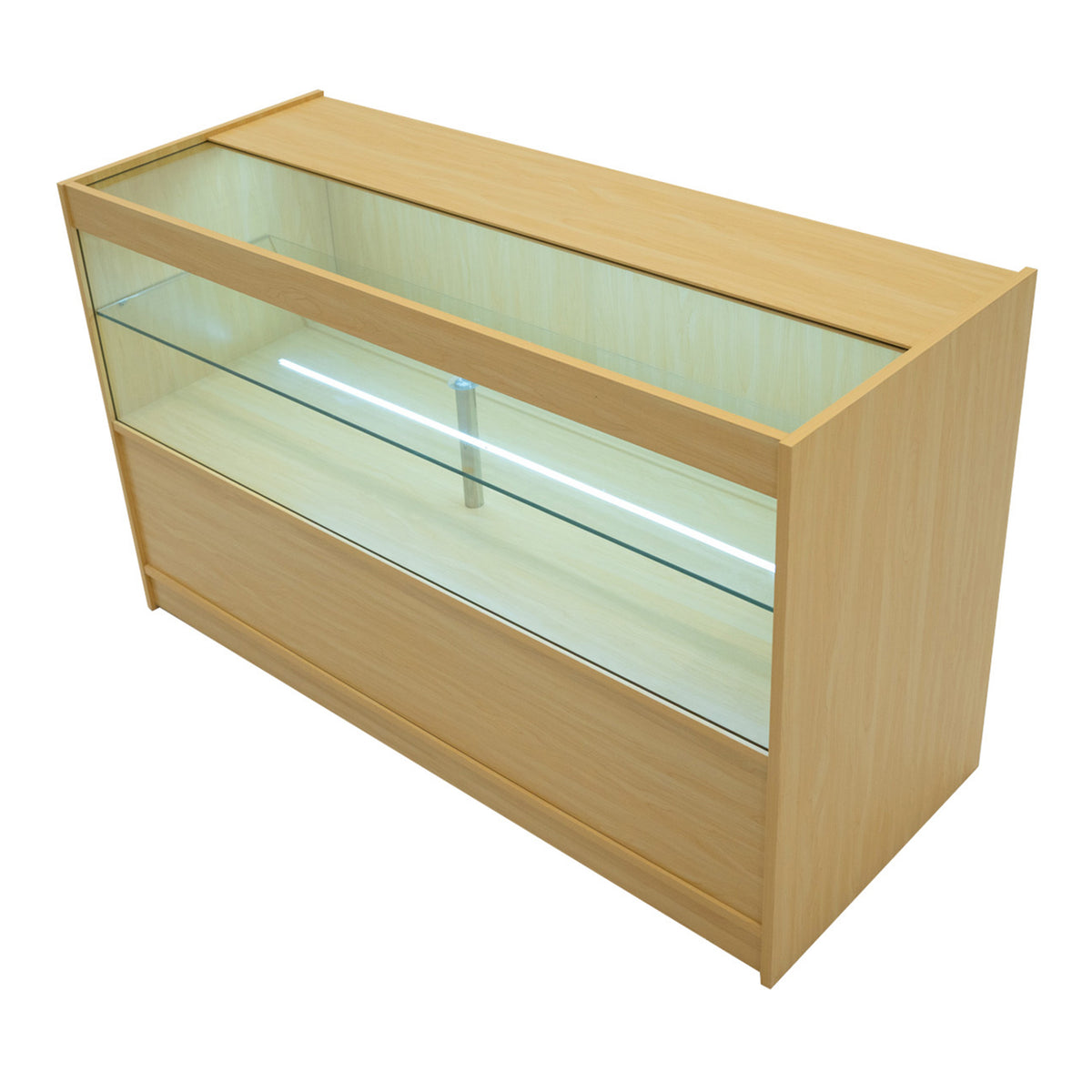 Eclipse LED Verkaufstheken-Set in Ahorn, mit gläserner Vitrine, eleganter Holzoptik, ideal für die Präsentation von Produkten und Waren