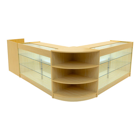 Eckverkaufsregalset aus hellem Ahornholz mit gläsernen Regalen, LED-Beleuchtung und eleganter, moderner Form für ansprechende Produktpräsentation