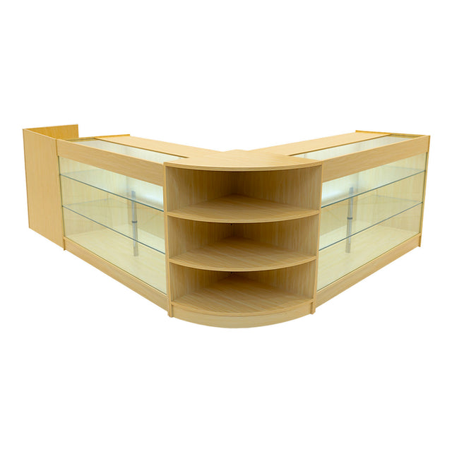 Eckverkaufsregalset aus hellem Ahornholz mit gläsernen Regalen, LED-Beleuchtung und eleganter, moderner Form für ansprechende Produktpräsentation