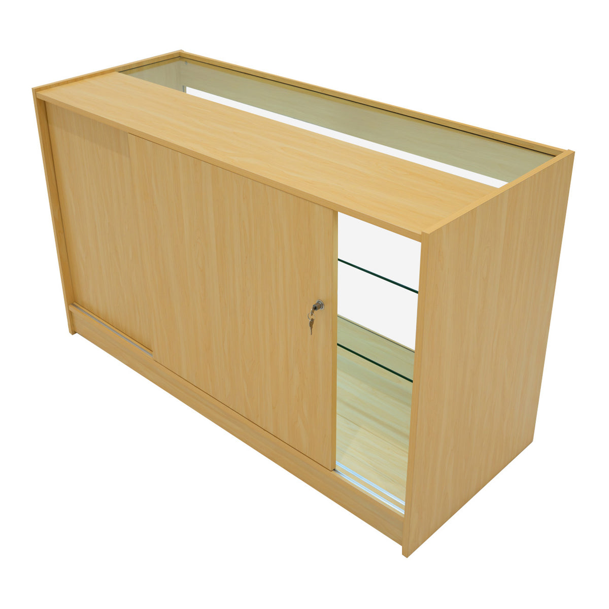 Verkaufstheke aus hellem Ahornholz mit Glastür, zwei Regalen und modernem, minimalistischen Design, ideal für Einzelhandelsumgebungen
