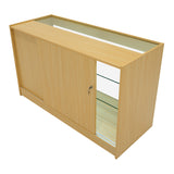 Verkaufstheke aus hellem Ahornholz mit Glastür, zwei Regalen und modernem, minimalistischen Design, ideal für Einzelhandelsumgebungen