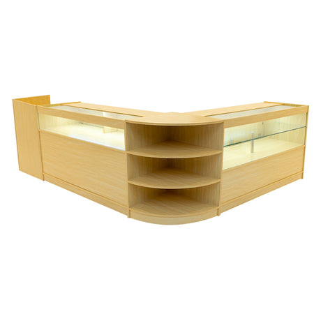 Elegantes Verkaufstheken-Set in hellem Ahornholz mit gläsernen Vitrinen und offenen Regalen, ideal für ansprechende Produktpräsentationen