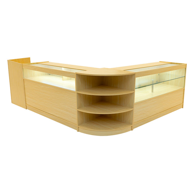 Elegantes Verkaufstheken-Set in hellem Ahornholz mit gläsernen Vitrinen und offenen Regalen, ideal für ansprechende Produktpräsentationen