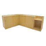 Verkaufstheken-Set in hellem Ahornfurnier, bestehend aus zwei Ecken mit Schranktüren und offener Ablage, ideal für Verkaufsräume und Ausstellungen